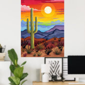 Poster Coucher de soleil du désert avec paysage de Cactus (Bureau à domicile)