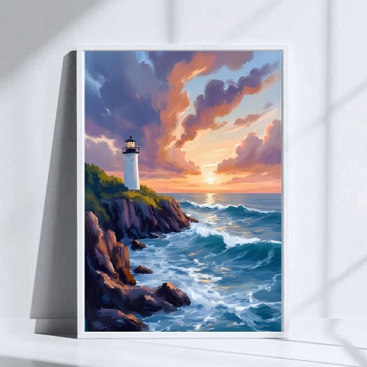Poster Coucher de soleil du phare côtier | Plage Peinture