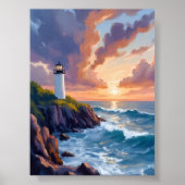 Poster Coucher de soleil du phare côtier | Plage Peinture (Devant)