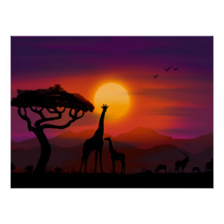 Poster Coucher de soleil en Afrique avec animaux