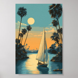 Poster Coucher de soleil en voilier tropical - Palm Tree 