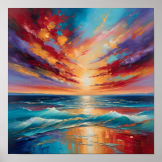 Poster Coucher de soleil enflammé sur les vagues de l'océ