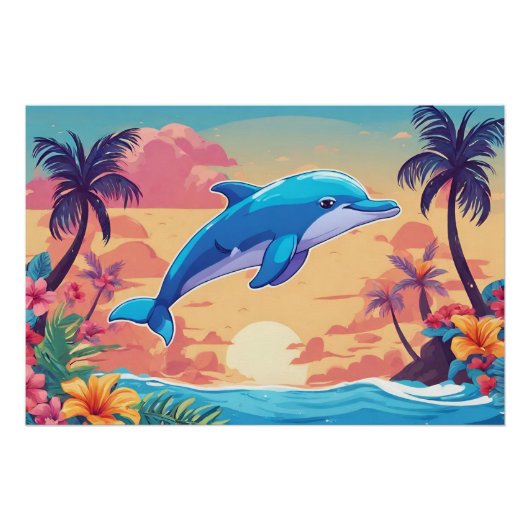 Poster Coucher de soleil et dauphin de l'île tropicale (Devant)