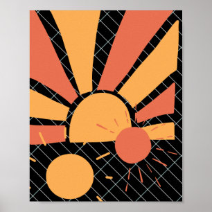 Poster coucher de soleil et lignes Retro rouge et orange 