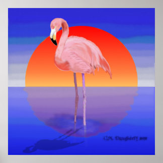 Poster Coucher de soleil Flamant rose