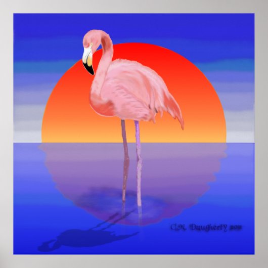 Poster Coucher de soleil Flamant rose (Devant)