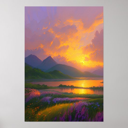 Poster Coucher de soleil flamboyant, Beau lac aux berges (Devant)