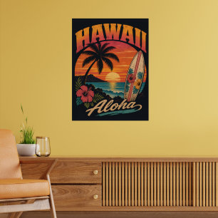 Poster Coucher de soleil hawaïen vintage Palmiers Planche