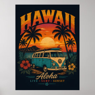 Poster Coucher de soleil hawaïen vintage Palmiers Planche