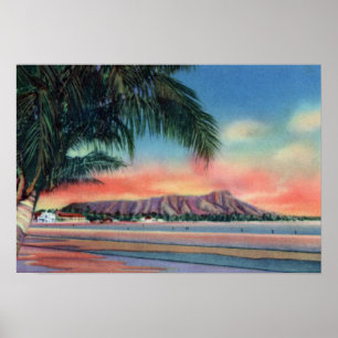 Poster Coucher de soleil Honolulu Hawaii sur Diamond Head