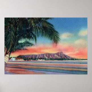 Poster Coucher de soleil Honolulu Hawaii sur Diamond Head