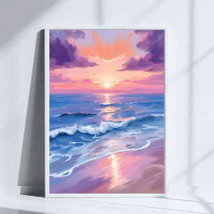 Poster Coucher de soleil lavande violet plage océan aquar