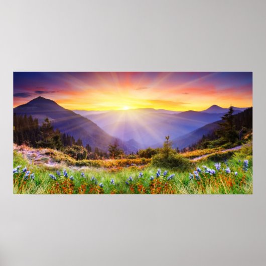 Poster Coucher de soleil majestueux dans le paysage monta (Devant)