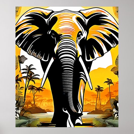 Poster Coucher de soleil majestueux d'éléphant (Devant)