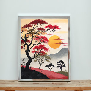 Poster Coucher de soleil majestueux sur la savane cramois