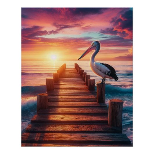 Poster Coucher de soleil marin/côtier/plage de pélican (Devant)