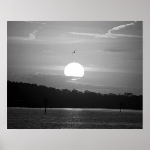 Poster Coucher de soleil noir et blanc sur la baie Horizo