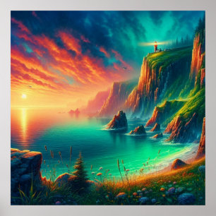 Poster Coucher de soleil numérique côtier lumineux et enf
