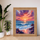 Poster Coucher de soleil océan aquarelle plage côtière