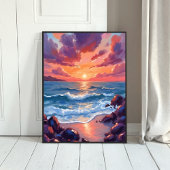 Poster Coucher de soleil océan aquarelle plage côtière