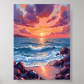 Poster Coucher de soleil océan aquarelle plage côtière (Devant)