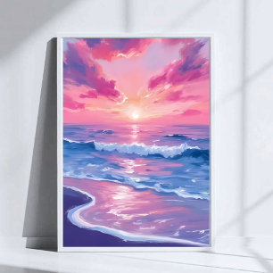Poster Coucher de soleil océanique rose vagues Art aquare