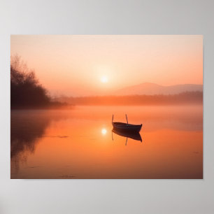 Poster Coucher de soleil orange avec bateau de pêche