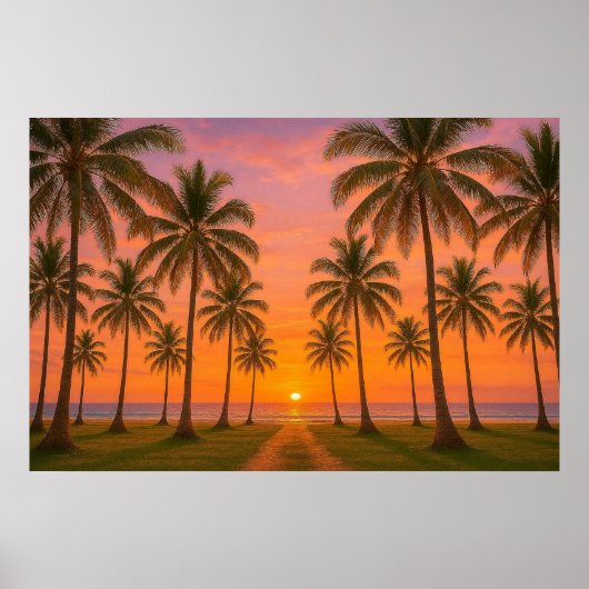 Poster Coucher de soleil orange doré sur une plage tropic (Devant)