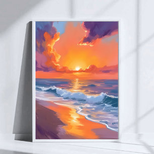 Poster Coucher de soleil orange plage océan peinture Heur