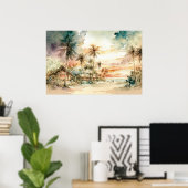 Poster Coucher de soleil paisible Plage tropicale Aquarel (Bureau à domicile)
