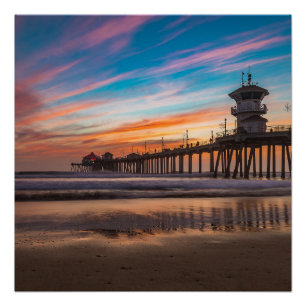 Poster Coucher de soleil par Huntington Beach Pier en Cal