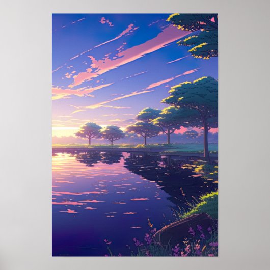 Poster Coucher de soleil par la Riverbank - Digital Anime (Devant)