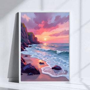 Poster Coucher de soleil pastel rose sur la plage Océan V