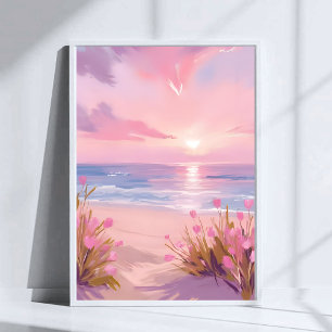Poster Coucher de soleil pastel sur la plage rose blush a