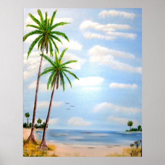 Poster coucher de soleil, plage, phare, palmier, tropical (Devant)