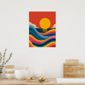 Poster Coucher de soleil rétro sur les vagues de l'océan  (Cuisine)