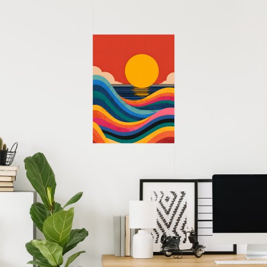 Poster Coucher de soleil rétro sur les vagues de l'océan  (Bureau à domicile)