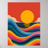 Poster Coucher de soleil rétro sur les vagues de l'océan  (Devant)