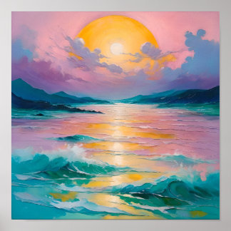 Poster Coucher de soleil rêveur sur les vagues de l'océan
