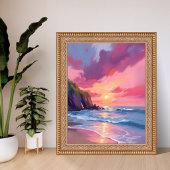 Poster Coucher de soleil rose Océan Vagues de plage Aquar