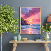 Poster Coucher de soleil rose Océan Vagues de plage Aquar