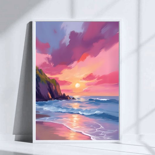 Poster Coucher de soleil rose Océan Vagues de plage Aquar