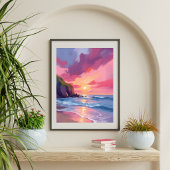 Poster Coucher de soleil rose Océan Vagues de plage Aquar