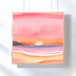 Poster Coucher de soleil rose   Peinture de ciel de plage