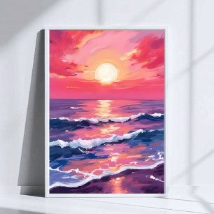 Poster Coucher de soleil rose vagues d'océan violet aquar