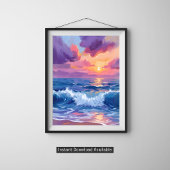Poster Coucher de soleil rose violet | Aquarelle reflets