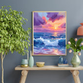Poster Coucher de soleil rose violet | Aquarelle reflets