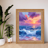 Poster Coucher de soleil rose violet | Aquarelle reflets