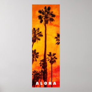 Poster Coucher de soleil rouge Aloha Hawaii Palmiers Trop