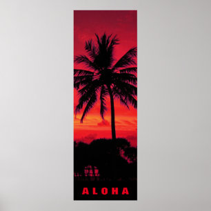 Poster Coucher de soleil rouge Aloha Hawaii Palmiers Trop